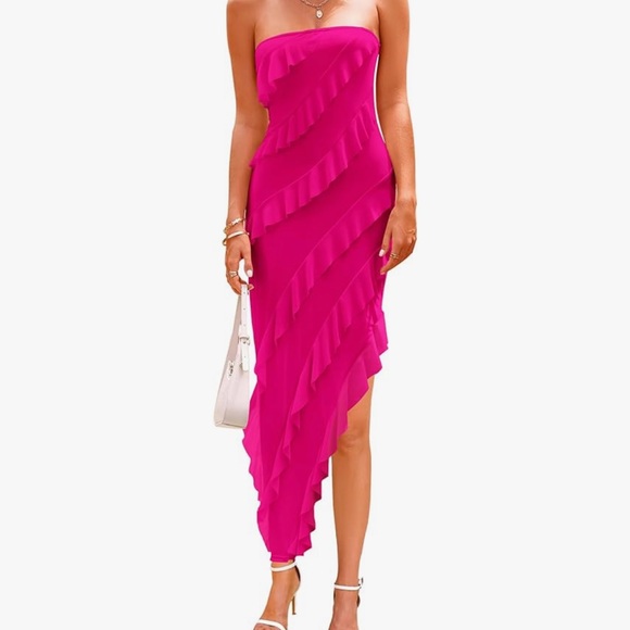 PRETTYGARDEN Womens Strapless Tube Asymmetrical Ruffle Maxi Bodycon Dress - Picture 4 of 6